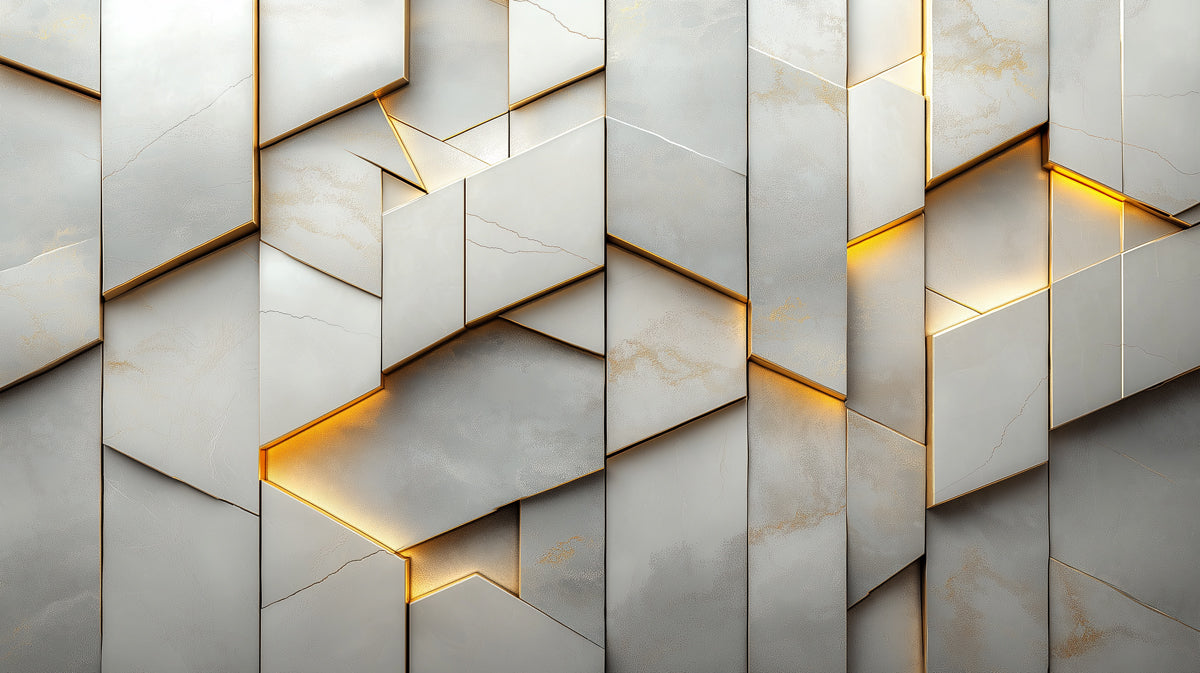 Geometric Marble and Gold Mural Wallpaper in Living Room | Gray, Gold Marble