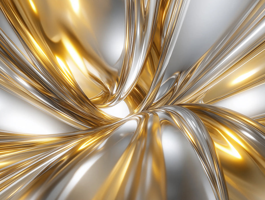 Gold and Silver Fluid Mural Wallpaper in Living Room | Gold, Silver, and Gray Fluid
