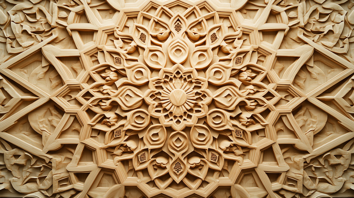 Wooden Mandala Mural Wallpaper in Dining Room | Various Shades of Brown Mandala for Buddhism