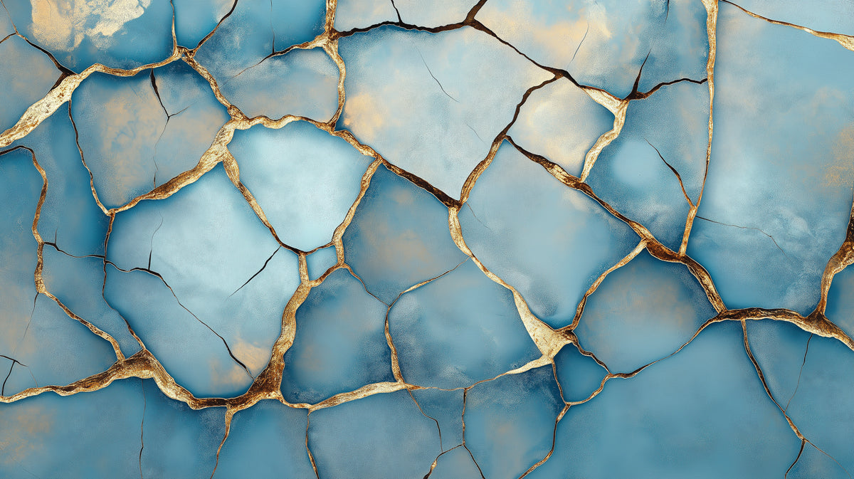 Blue and Gold Cracked Mural Wallpaper in Living Room | Blue and Gold Crack