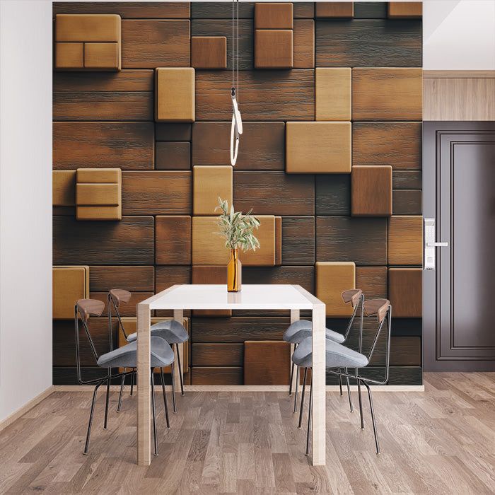 Wooden Cube Mural Wallpaper in Dining Room | Various Shades of Brown Wooden Cube