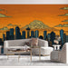 Orange Cityscape and Mountain Mural Wallpaper in Office | Orange and Blue Cityscape