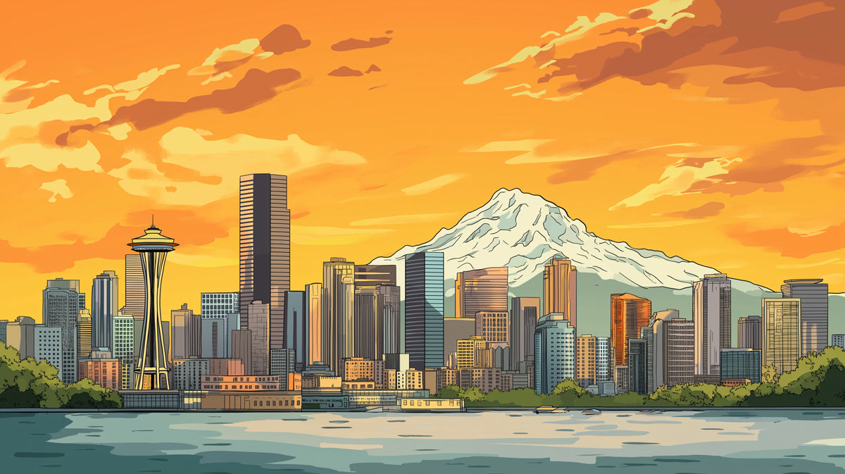 Orange Cityscape and Mountain Mural Wallpaper in Office | Orange and Blue Cityscape