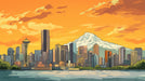 Orange Cityscape and Mountain Mural Wallpaper in Office | Orange and Blue Cityscape