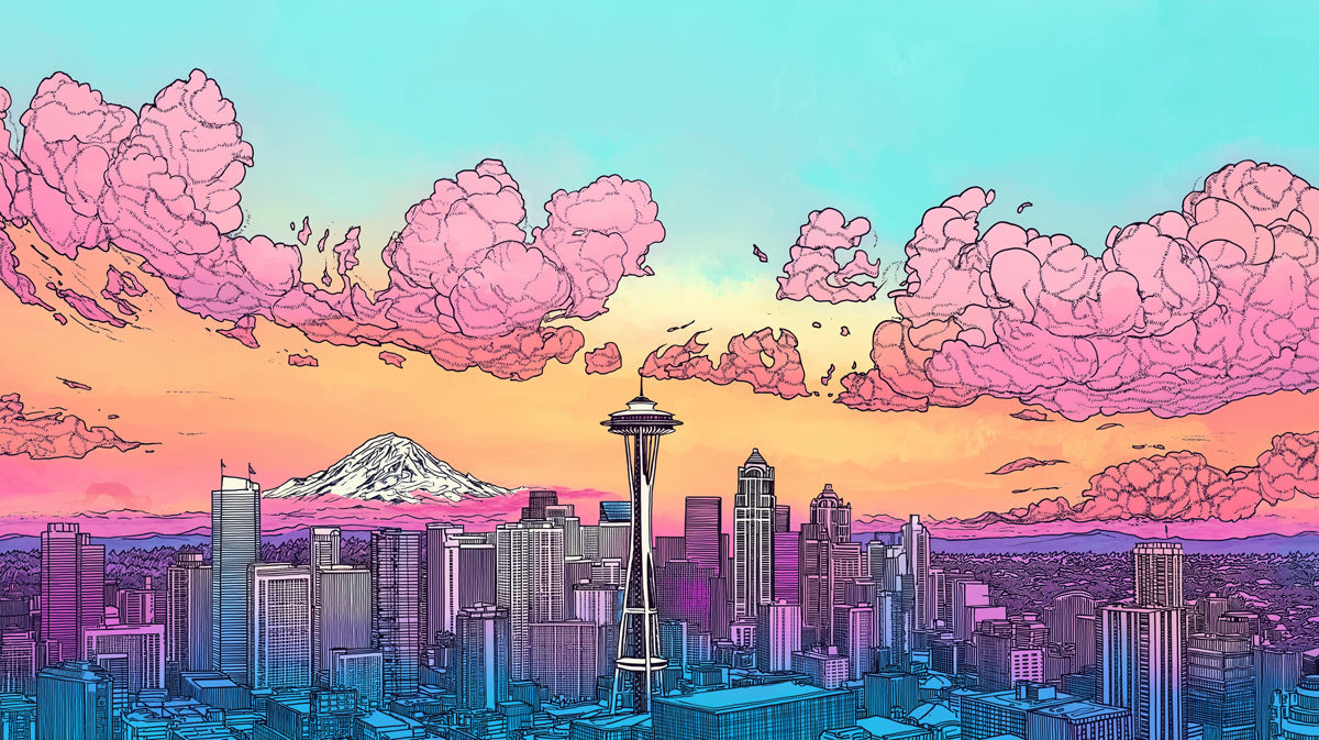Colorful Cloudy Cityscape Mural Wallpaper in Office | Various Colors (Green, Orange, etc.) of City