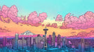 Colorful Cloudy Cityscape Mural Wallpaper in Office | Various Colors (Green, Orange, etc.) of City