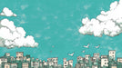 Teal and White Cityscape Mural Wallpaper in Bedroom | Teal and White Cityscape