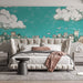 Teal and White Cityscape Mural Wallpaper in Bedroom | Teal and White Cityscape