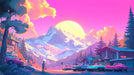 Pink and Purple Mountain Sunset Mural Wallpaper in Living Room | Pink and Purple Mountain Sunset
