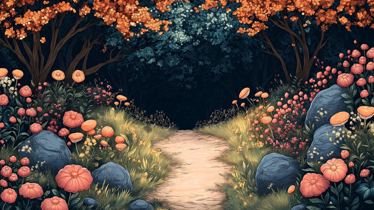 Dark Forest and Mushroom Mural Wallpaper in Bedroom | Various Colors (Orange, Pink, Blue, etc.) of Dark Forest and Mushroom