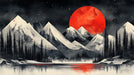 Mountain and Red Moon Mural Wallpaper in Living Room | Black, White, Red Moon and Mountain