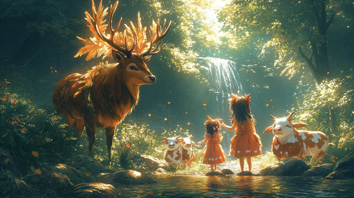 Deer and Girl in Forest Mural Wallpaper in Bedroom | Various Colors (Green, Brown, etc.) of Deer and Girl