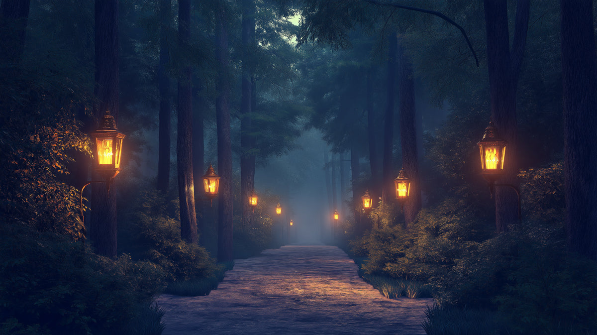 Mystic Forest with Lanterns Mural Wallpaper in Living Room | Dark Blue, Yellow Mystic Forest