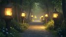 Mystic Forest with Lanterns Mural Wallpaper in Living Room | Dark Blue, Yellow Mystic Forest