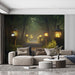 Mystic Forest with Lanterns Mural Wallpaper in Living Room | Dark Blue, Yellow Mystic Forest