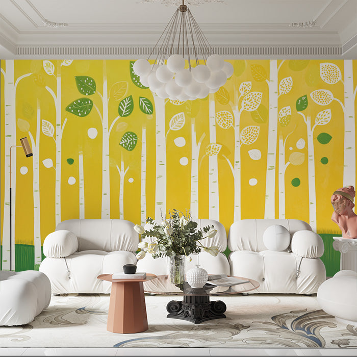 Abstract Yellow and Green Tree Mural Wallpaper in Living Room | Yellow, Green Trees