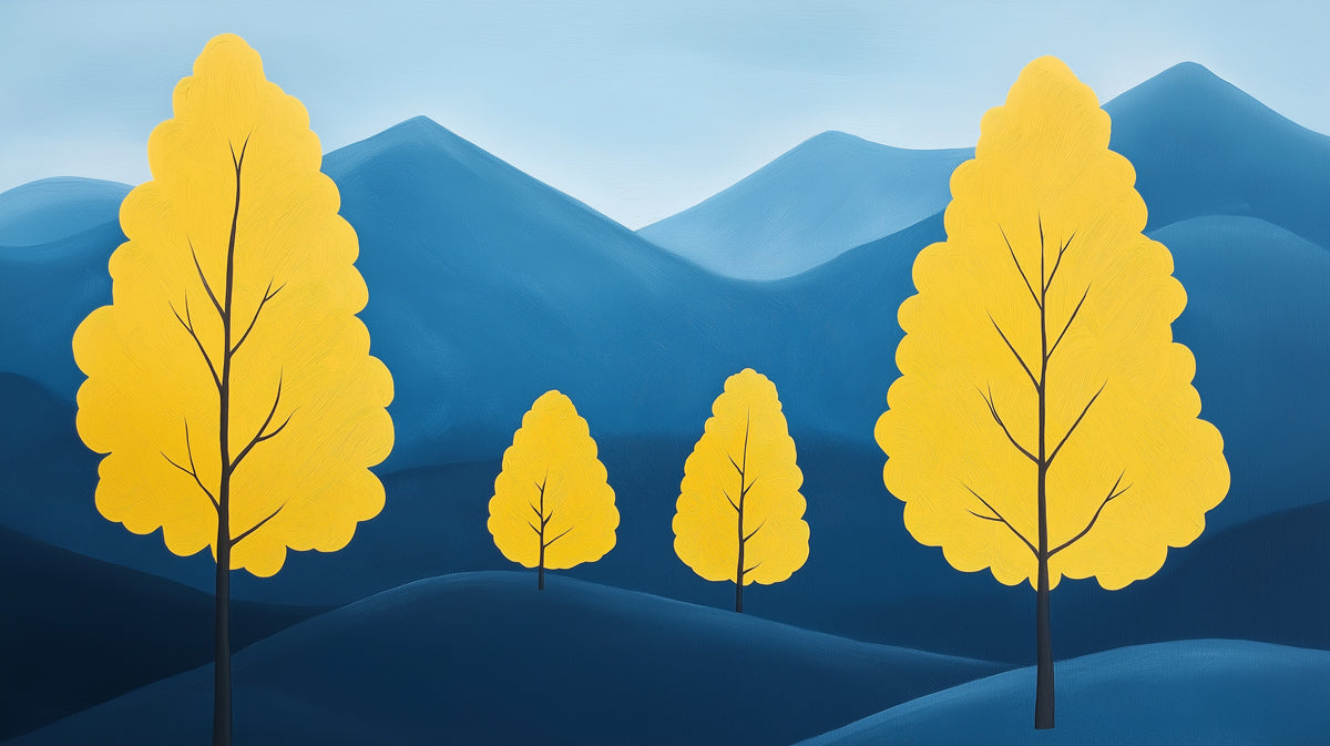 Blue and Yellow Tree Mural Wallpaper in Living Room | Blue, Yellow Trees