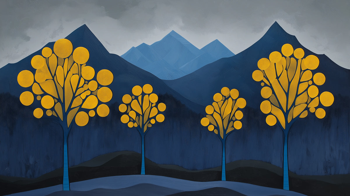 Dark Blue and Yellow Tree Mural Wallpaper in Living Room | Dark Blue, Yellow Trees