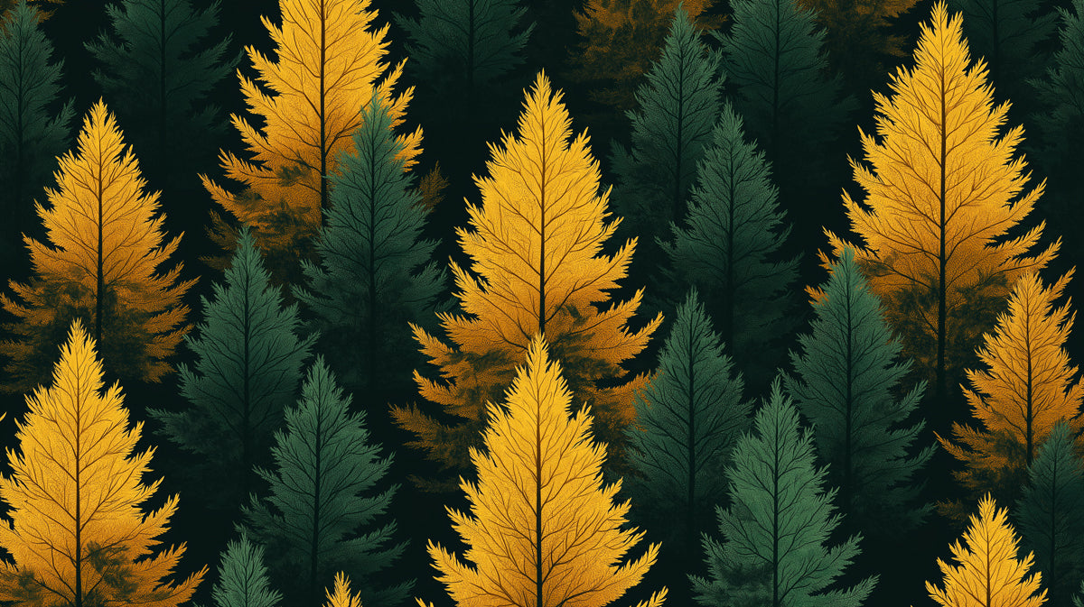 Green and Yellow Pine Tree Mural Wallpaper in Living Room | Green, Yellow Pine Trees