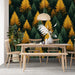 Green and Yellow Pine Tree Mural Wallpaper in Living Room | Green, Yellow Pine Trees