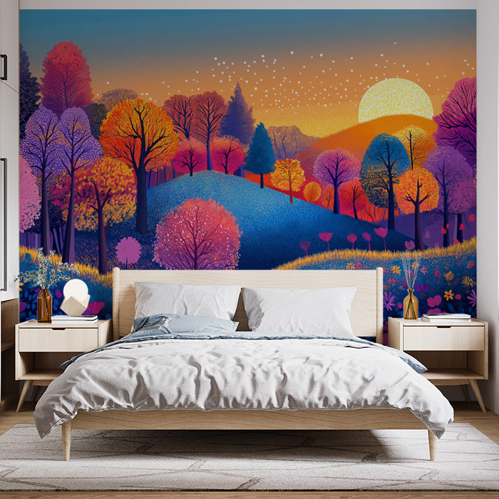 Colorful Tree Mural Wallpaper in Bedroom | Various Colors (Pink, Blue, Yellow, etc.) Trees