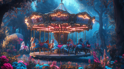 Carousel in Forest Mural Wallpaper in Living Room | Various Colors (Blue, Pink, etc.) of Carousel in Forest