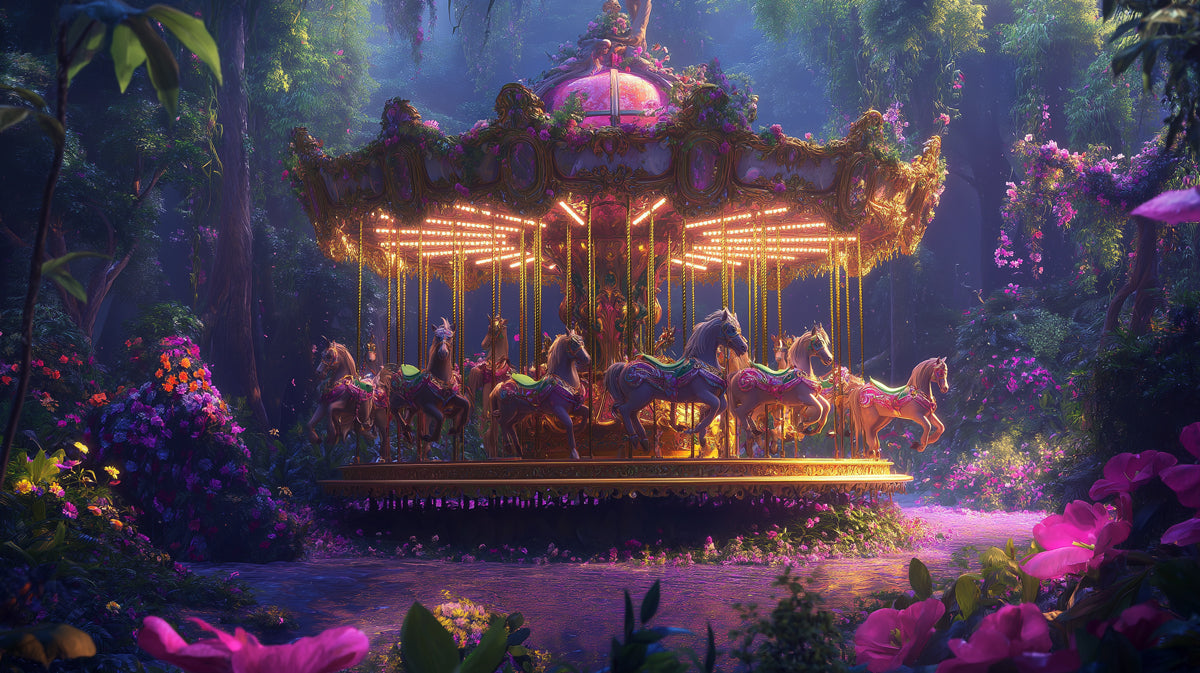 Carousel in Forest Mural Wallpaper in Living Room | Various Colors (Blue, Pink, etc.) of Carousel in Forest