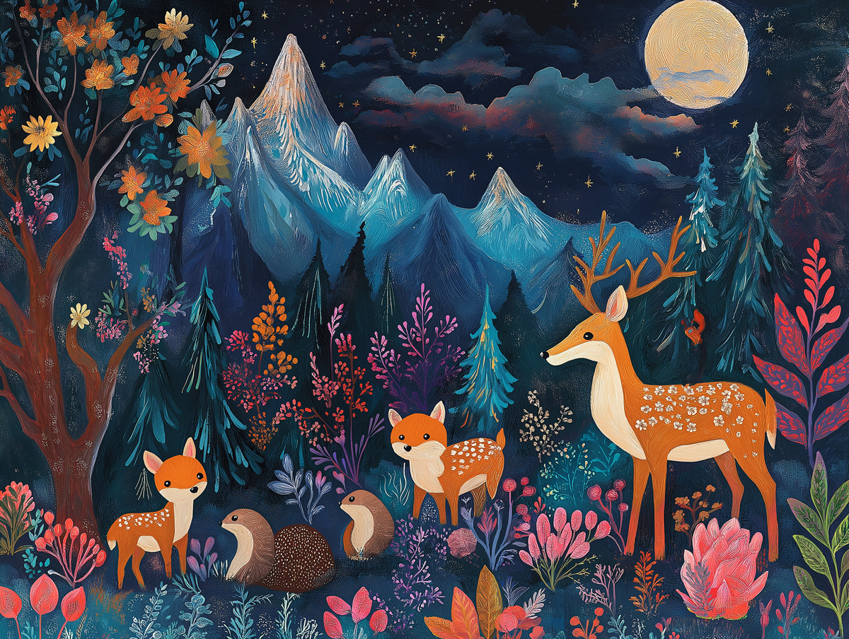 Night Forest and Animals Mural Wallpaper in Bedroom | Various Colors (Blue, Purple, etc.) of Night Forest and Animals