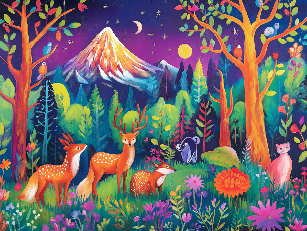 Night Forest and Animals Mural Wallpaper in Bedroom | Various Colors (Blue, Purple, etc.) of Night Forest and Animals