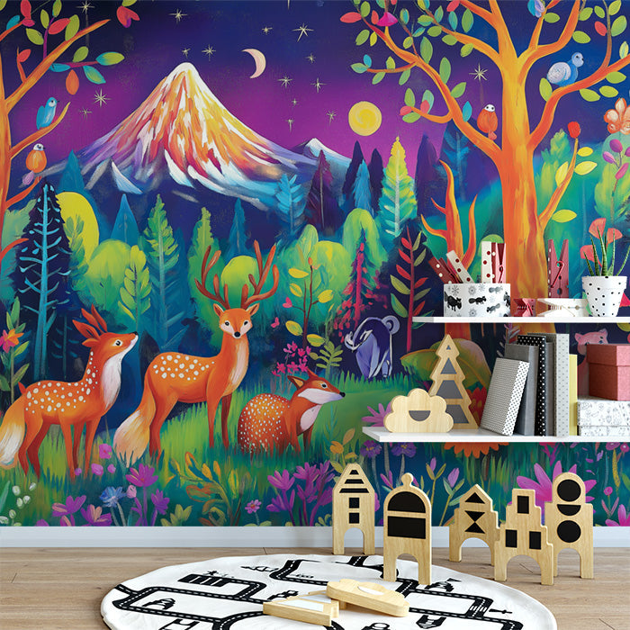 Night Forest and Animals Mural Wallpaper in Bedroom | Various Colors (Blue, Purple, etc.) of Night Forest and Animals