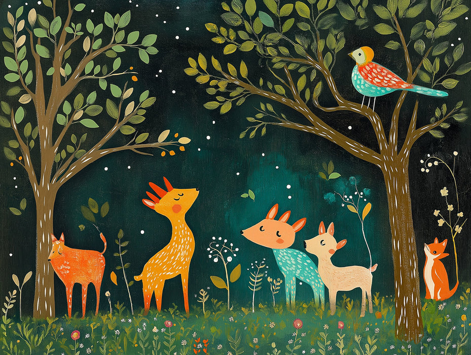 Forest and Animals Mural Wallpaper in Nursery | Various Colors (Green, Brown, etc.) of Forest and Animals