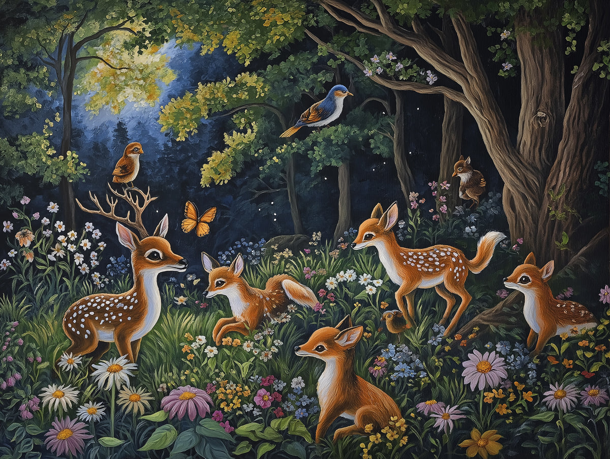 Forest with Animals Mural Wallpaper in Bedroom | Various Colors (Green, Blue, etc.) of Forest with Animals