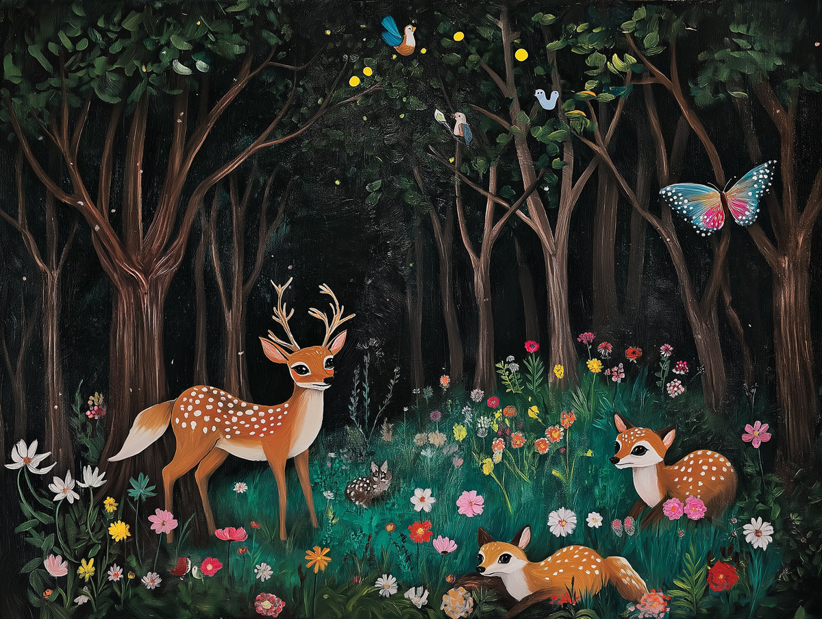 Forest with Animals Mural Wallpaper in Bedroom | Various Colors (Green, Blue, etc.) of Forest with Animals