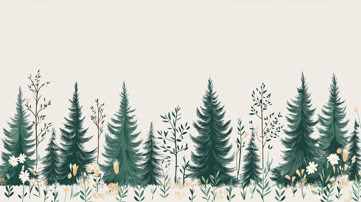 Simple Pine Tree Mural Wallpaper in Study Room | Green, White Pine Trees