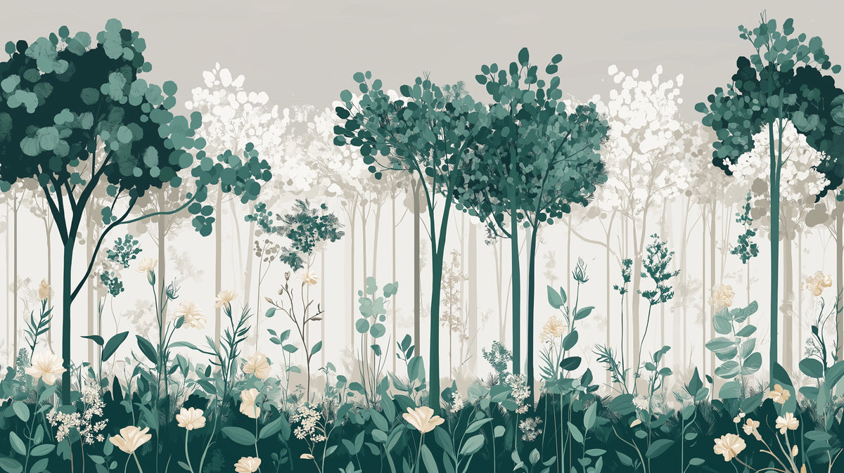 Simple Pine Tree Mural Wallpaper in Study Room | Green, White Pine Trees