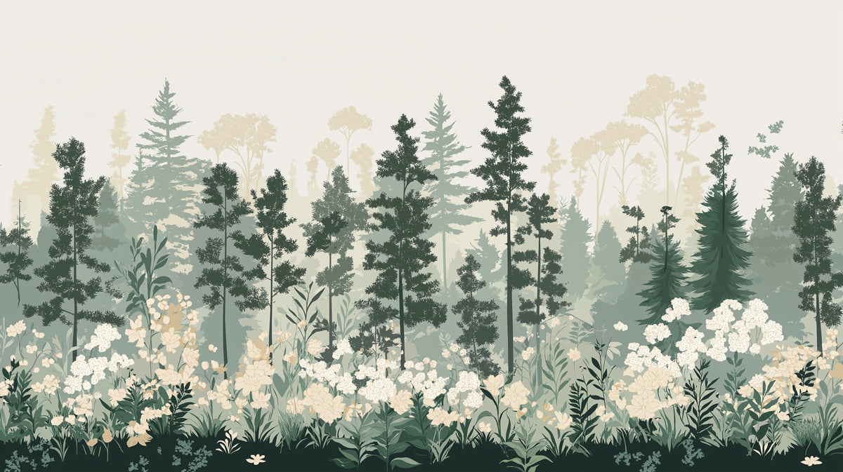 Simple Pine Tree Mural Wallpaper in Study Room | Green, White Pine Trees