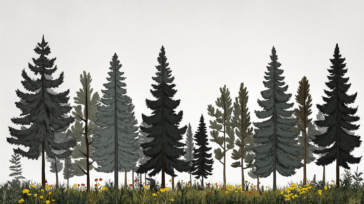 Pine Tree Mural Wallpaper in Dining Room | Various Shades of Green of Pine Trees