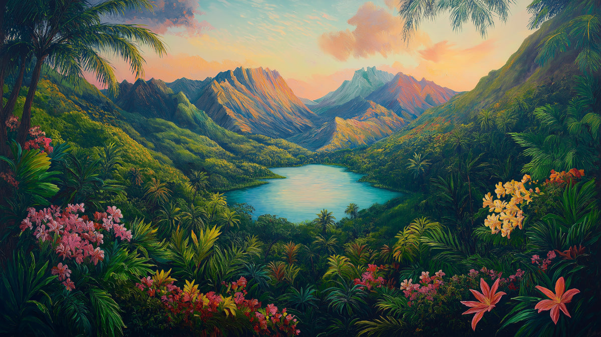 Tropical Mountain Lake Mural Wallpaper in Living Room | Various Colors (Green, Blue, Orange, etc.) of Tropical Mountains 