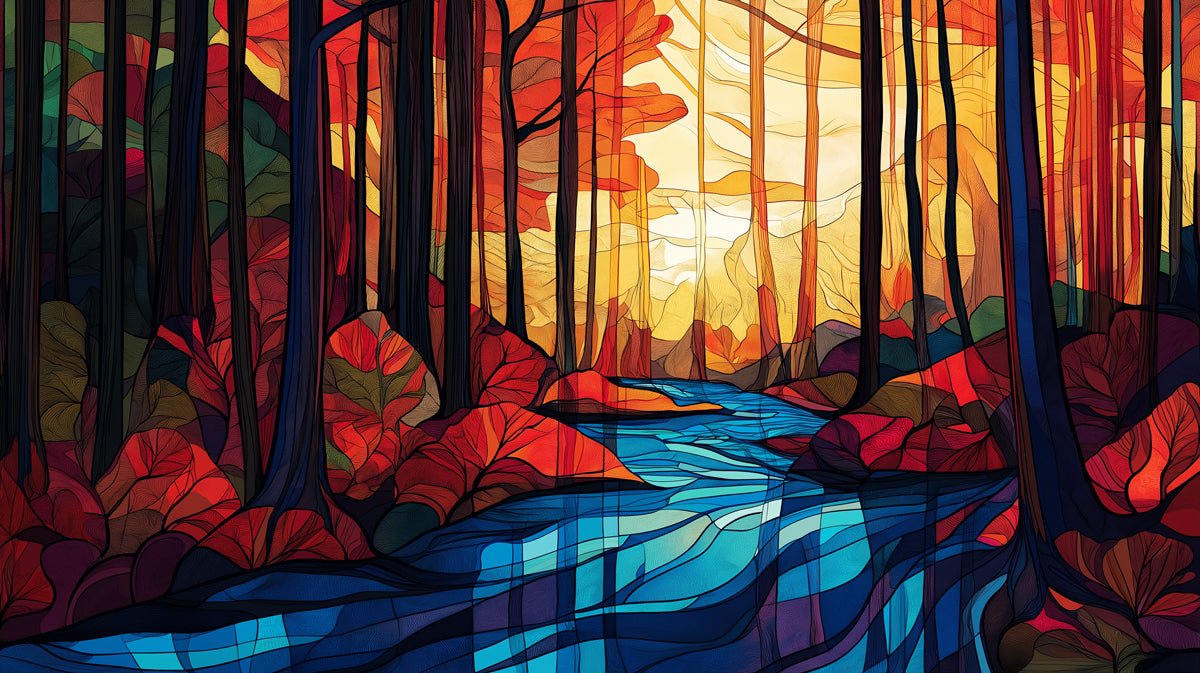 Autumn Forest and River Mural Wallpaper in Living Room | Various Colors (Red, Orange, Blue, etc.) of Autumn Forest and River
