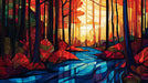 Autumn Forest and River Mural Wallpaper in Living Room | Various Colors (Red, Orange, Blue, etc.) of Autumn Forest and River