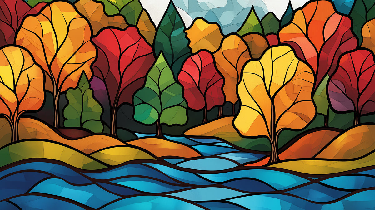 Stained Glass Forest Mural Wallpaper in Office | Various Colors (Orange, Red, Green, etc.) of Glass Forest