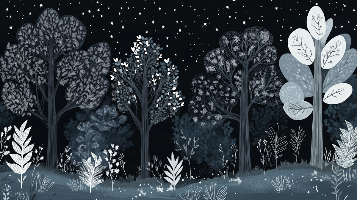 Black and White Starry Forest Mural Wallpaper in Study room | Black, White Starry Forest