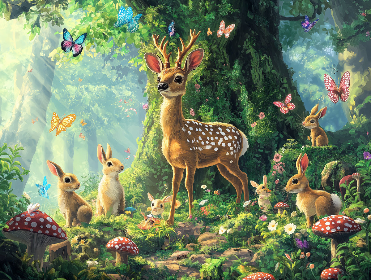 Deer and Forest Animals Mural Wallpaper in Bedroom | Various Colors (Green, Brown, etc.) of Deer and Forest Animals