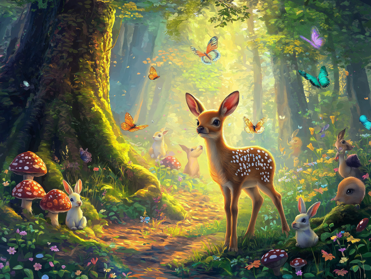 Deer and Forest Animals Mural Wallpaper in Bedroom | Various Colors (Green, Brown, etc.) of Deer and Forest Animals