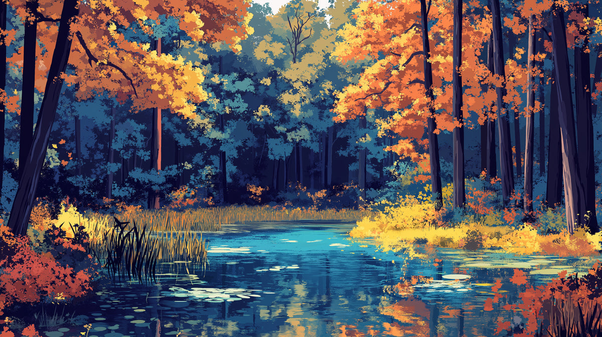 Autumn Forest and Lake Mural Wallpaper in Living Room | Various Colors (Orange, Yellow, Blue, etc.) Autumn Forest and Lake