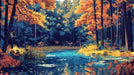 Autumn Forest and Lake Mural Wallpaper in Living Room | Various Colors (Orange, Yellow, Blue, etc.) Autumn Forest and Lake