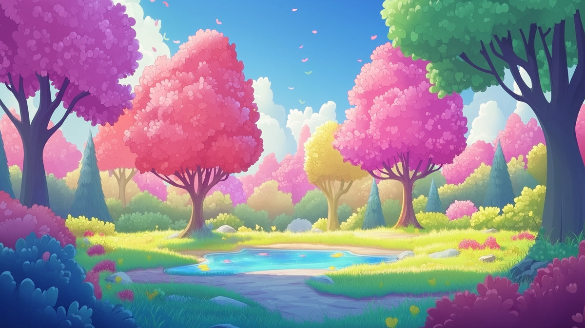 Colorful Cartoon Forest Mural Wallpaper in Bedroom | Various Colors (Pink, Purple, Green, etc.) of Cartoon Forest 