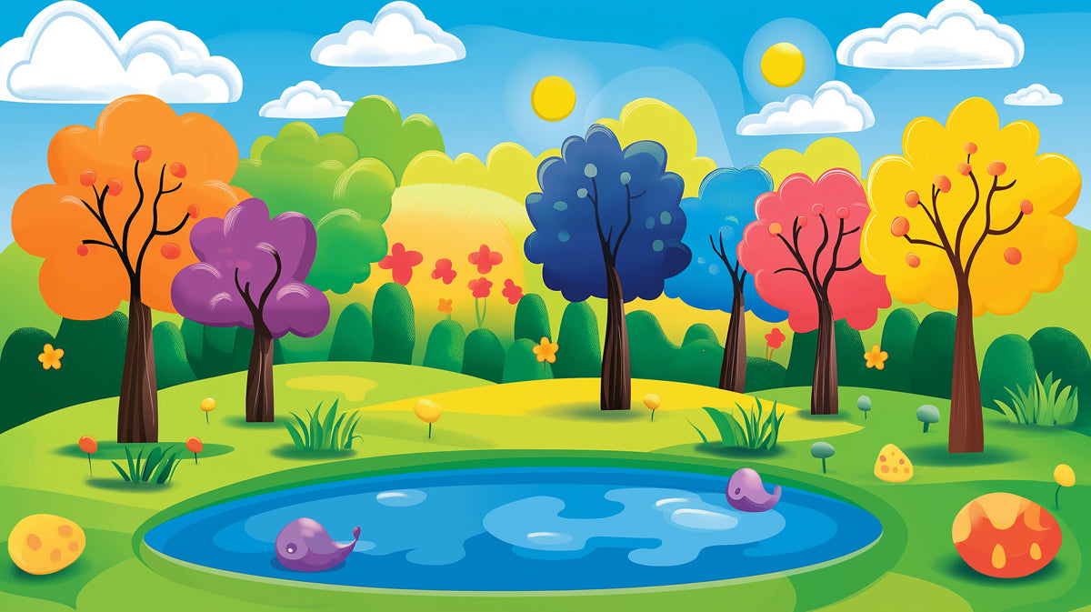 Colorful Cartoon Forest Mural Wallpaper in Bedroom | Various Colors (Pink, Purple, Green, etc.) of Cartoon Forest 