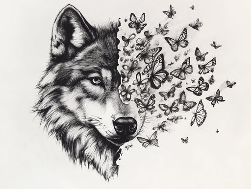 Wolf and Butterflies| Black and White Wolf and Butterflies