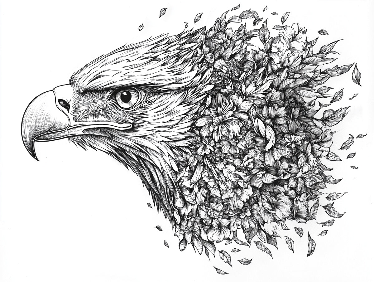Eagle and Flowers| Black and White Eagle and Flowers